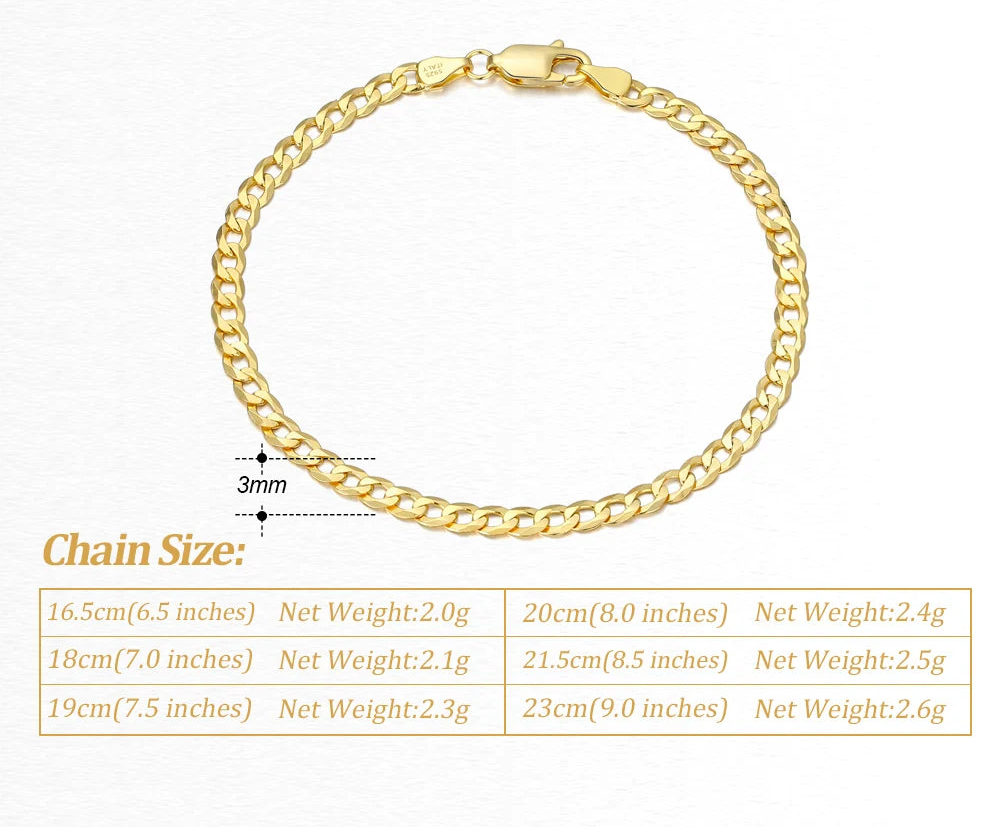 Cuban Chain Armband 3mm 925 Silver - 18K Guldplätering Unisex