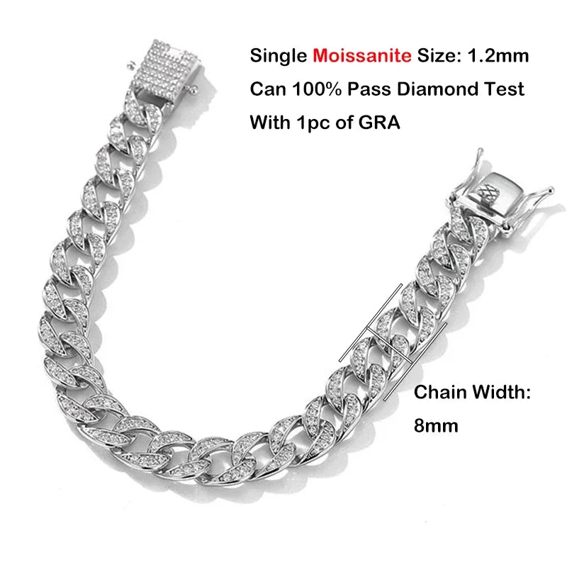 Moissanite Cuban Chain Armband 1.2mm D-färg 8mm - 925 Silver Unisex