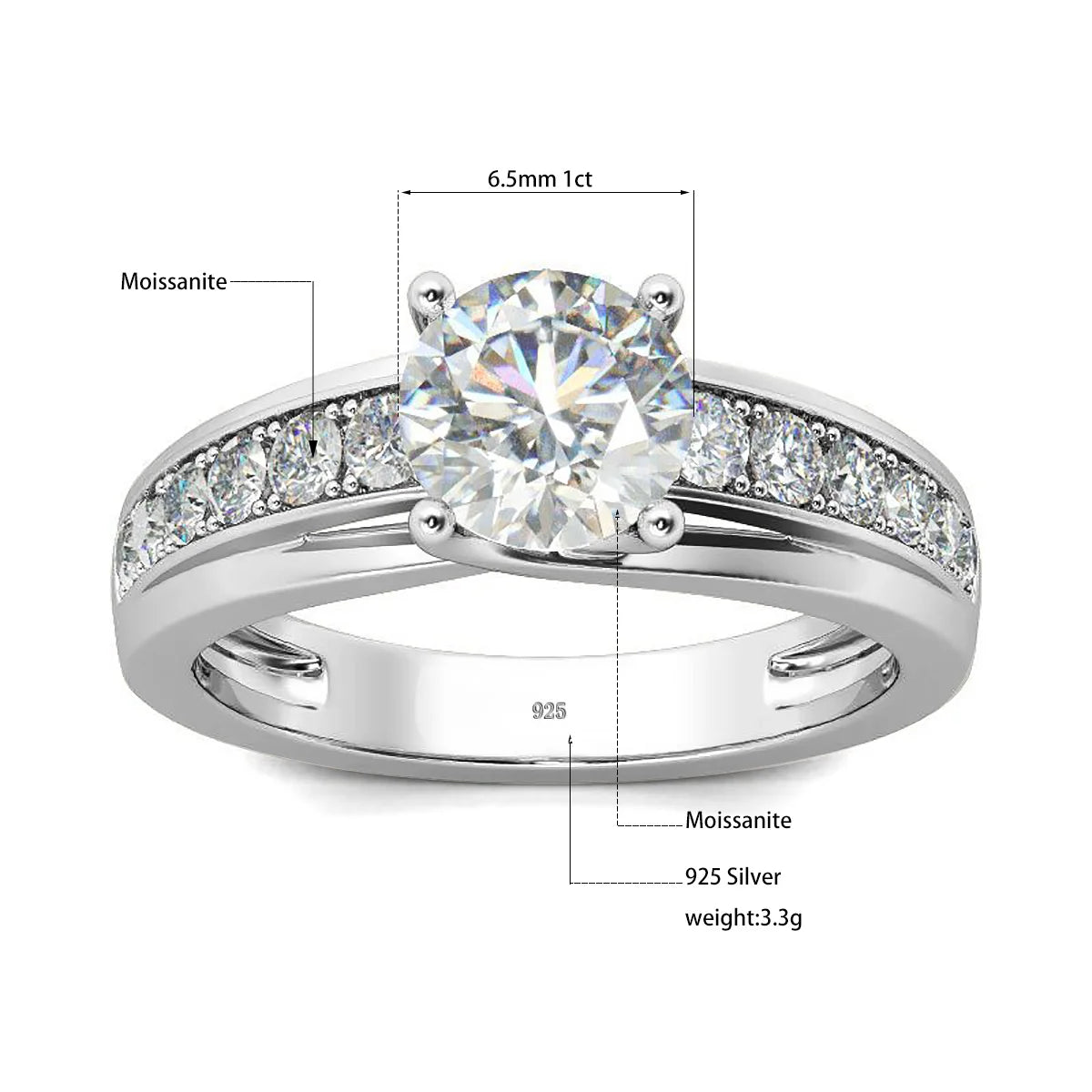 Damring i 925 Silver med 1ct Moissanite