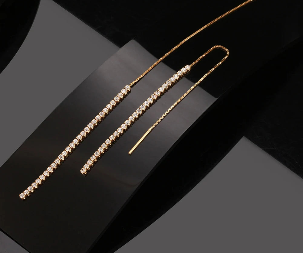 Tassel Örhängen Zirkon 925 Silver - Långa Kedja Drop Tennis