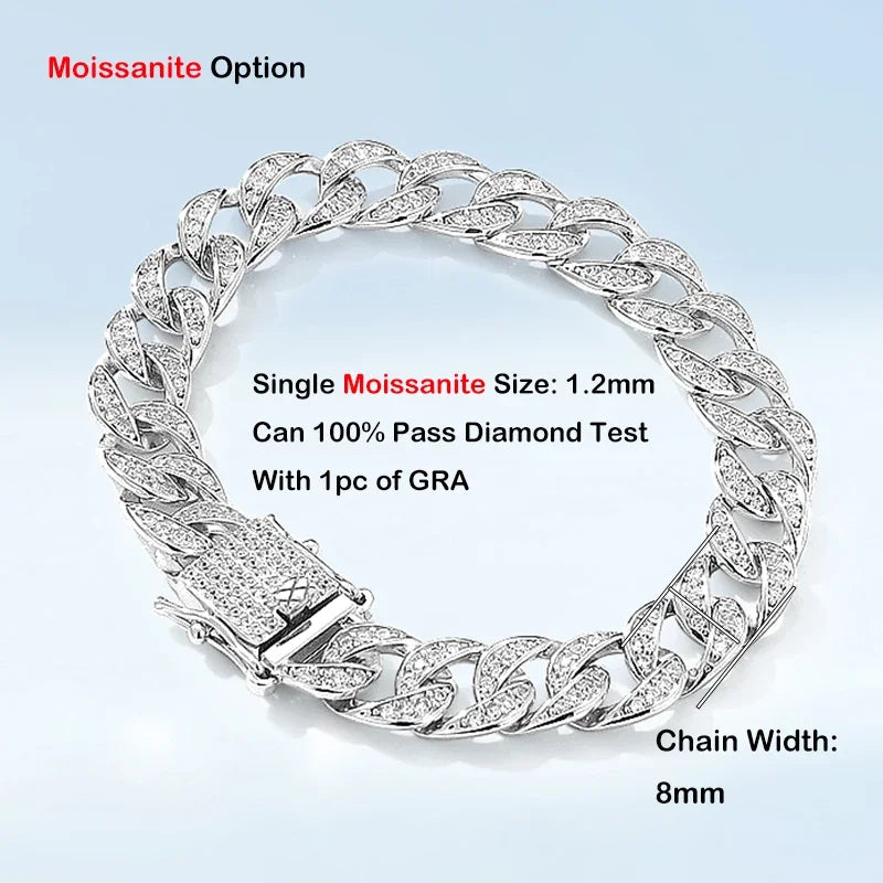 Moissanite Cuban Chain Armband 1.2mm D-färg 8mm - 925 Silver Unisex