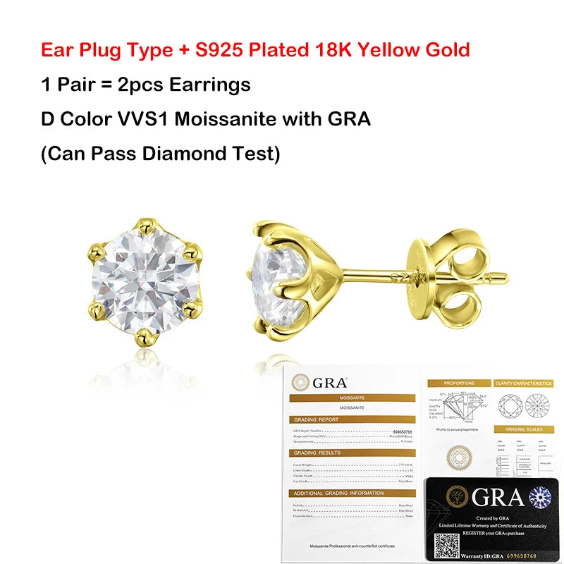 Moissanite Örhängen 0.2-2ct D-färg 6-Klors - 925 Silver 18K Plätering