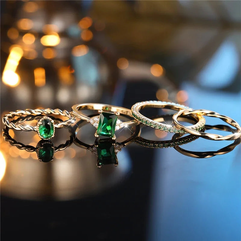 Grön Zirkon Ringset 4 Delar - 10K guldpläterat