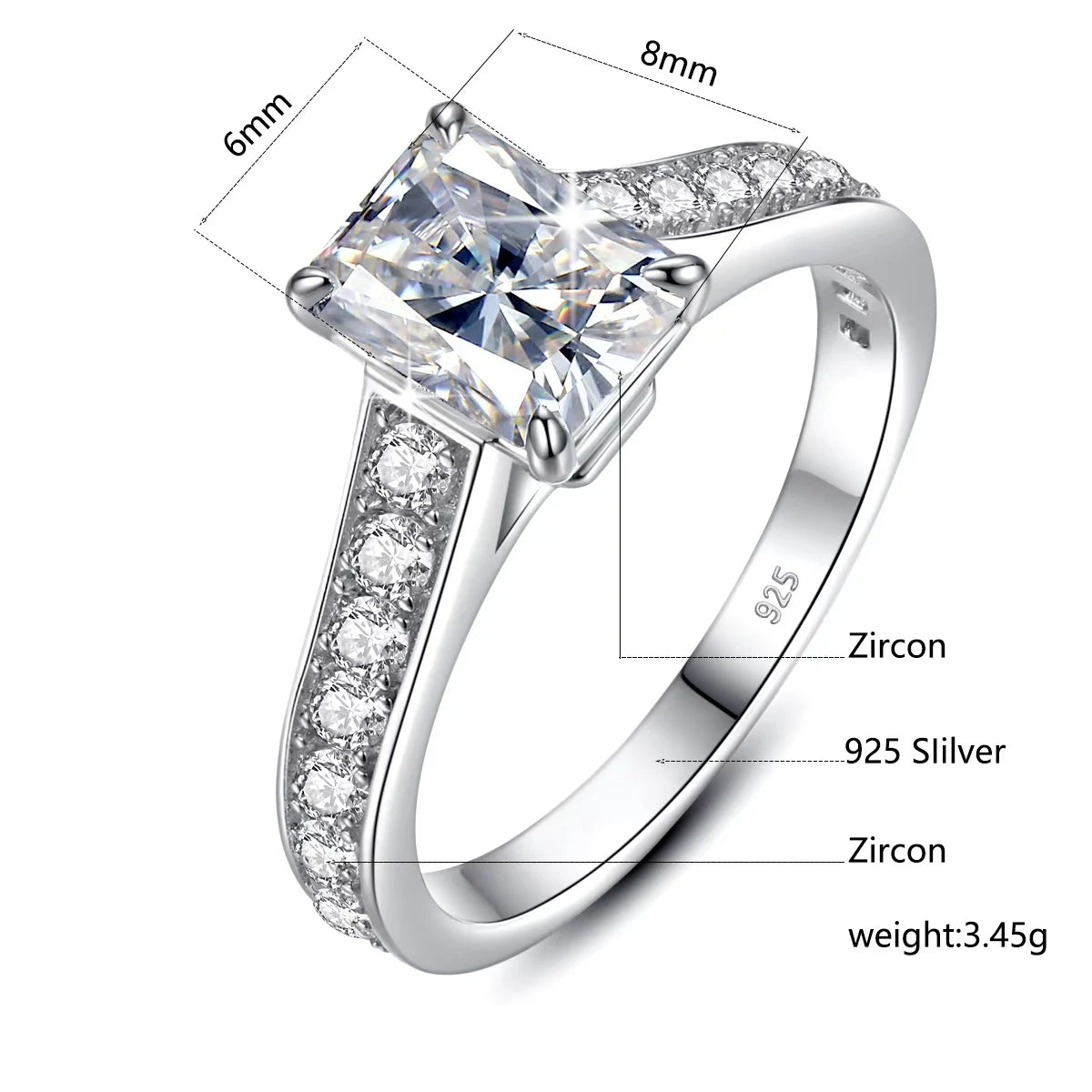 Förlovningsring Moissanite 2ct Emerald Cut 925 Silver