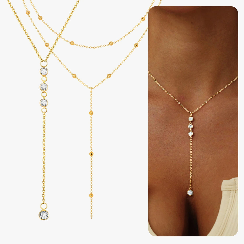 Y Lariat Halsband Rostfritt Stål - 18K Guldplätering Multilager