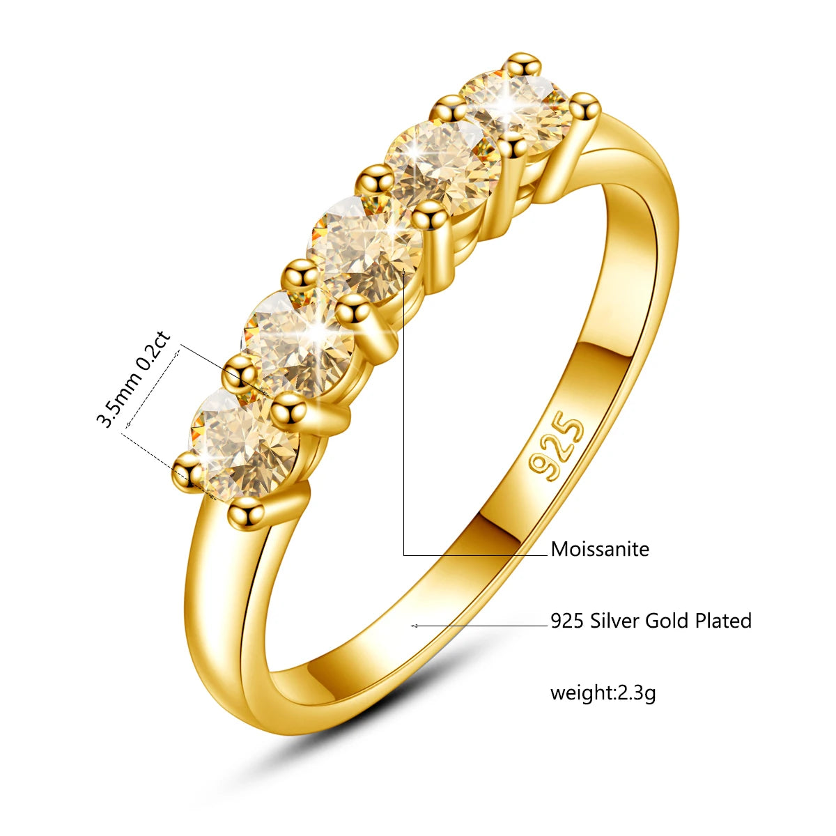 Moissanite Ring 1ct Rosa - 925 Silver 5-Stens Vigselring