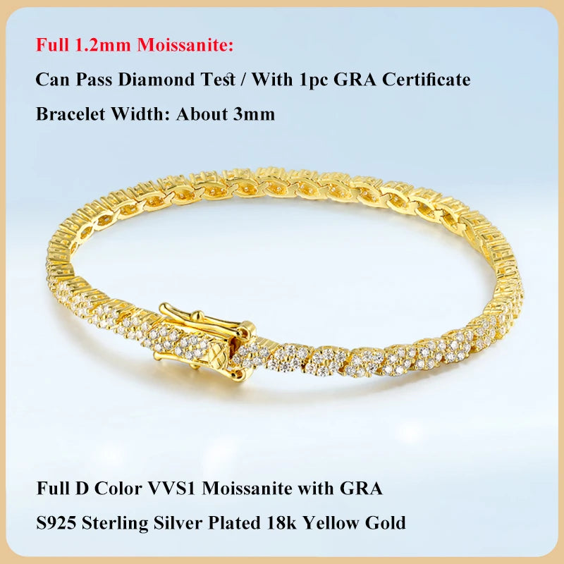 Moissanite Tennis Armband Rhombus 1.2mm D-färg - 925 Silver 18K Plätering