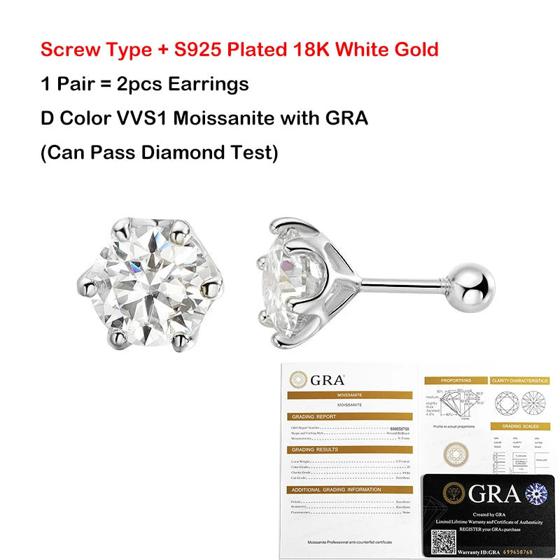 Moissanite Örhängen 0.2-2ct D-färg 6-Klors - 925 Silver 18K Plätering