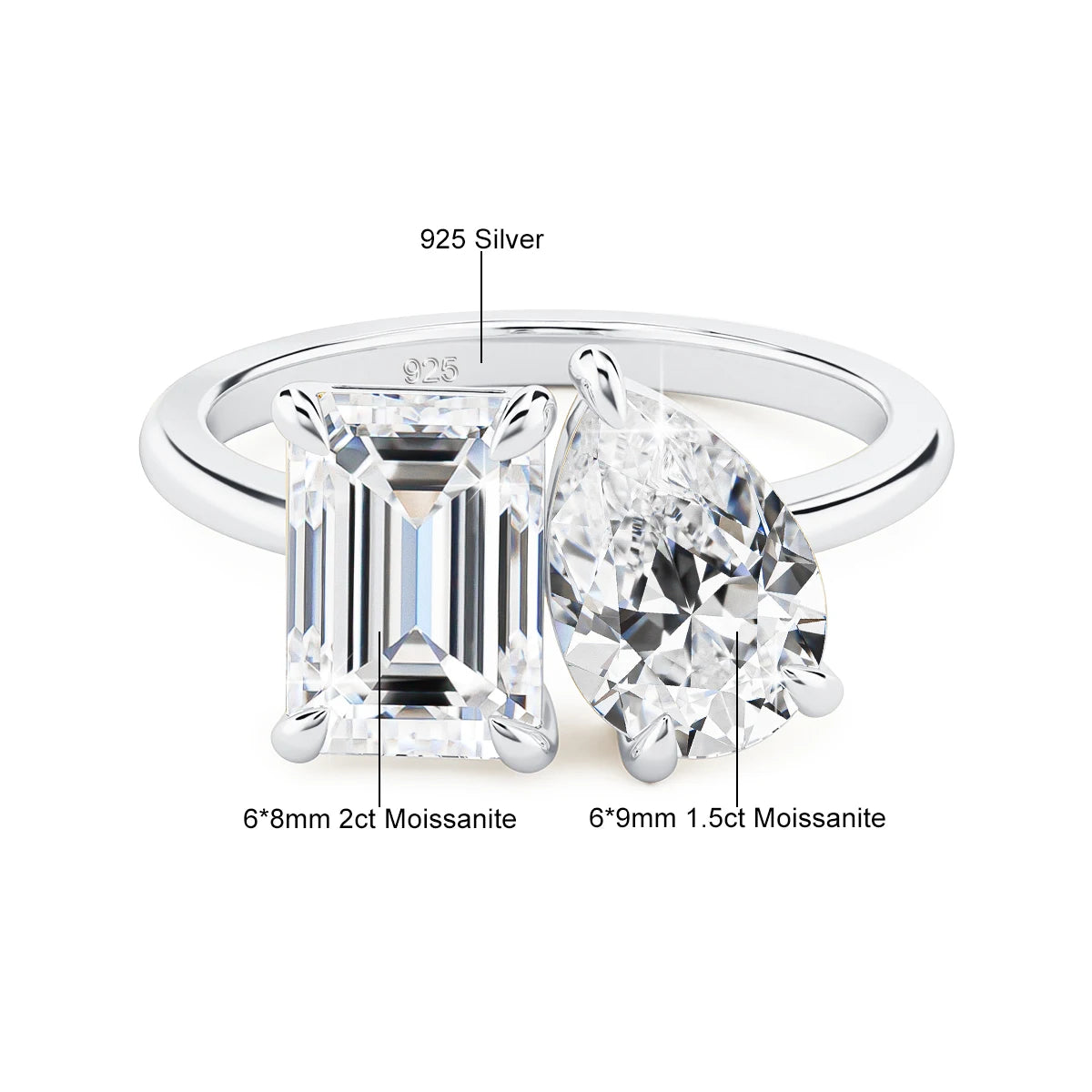 Moissanite Ring 3.5ct 2-Sten - 925 Silver 18K Guldplätering