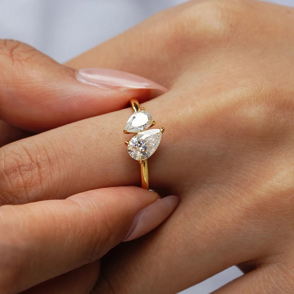 Moissanite Ring 1.5ct Dubbel Pear Cut - 925 Silver 18K Guldplätering