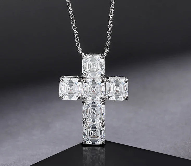 Moissanite Halsband 12ct Asscher Cut 7mm - 925 Sterling Silver 18K vit guldplätering