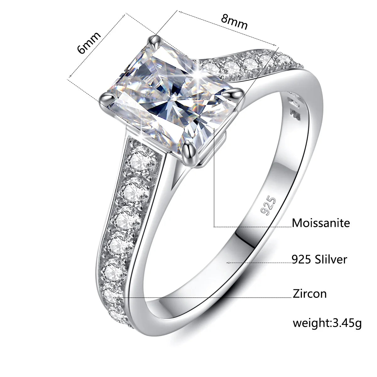 Förlovningsring Moissanite 2ct Emerald Cut 925 Silver
