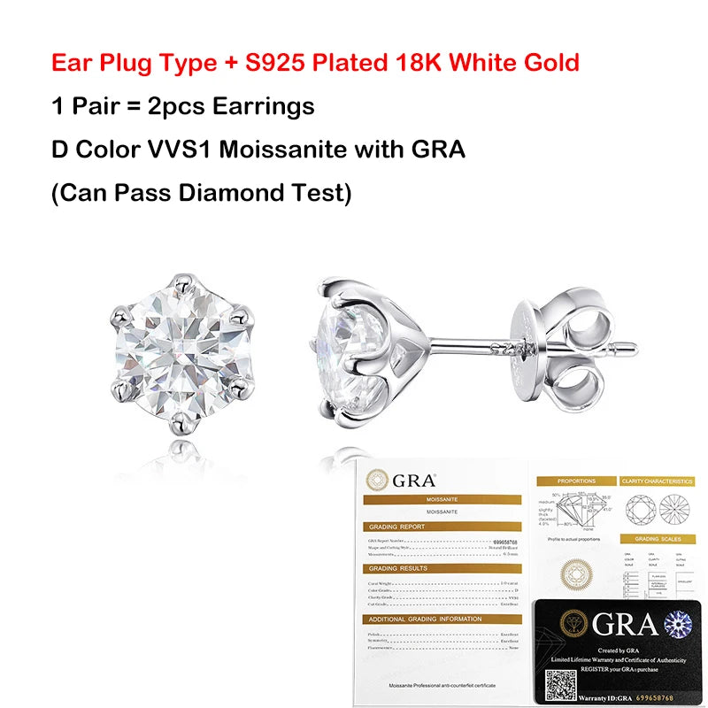 Moissanite Örhängen 0.2-2ct D-färg 6-Klors - 925 Silver 18K Plätering