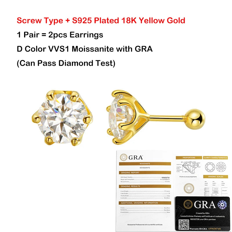 Moissanite Örhängen 0.2-2ct D-färg 6-Klors - 925 Silver 18K Plätering