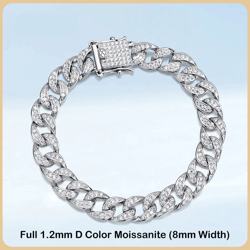 Moissanite Cuban Chain Armband 1.2mm D-färg 8mm - 925 Silver Unisex