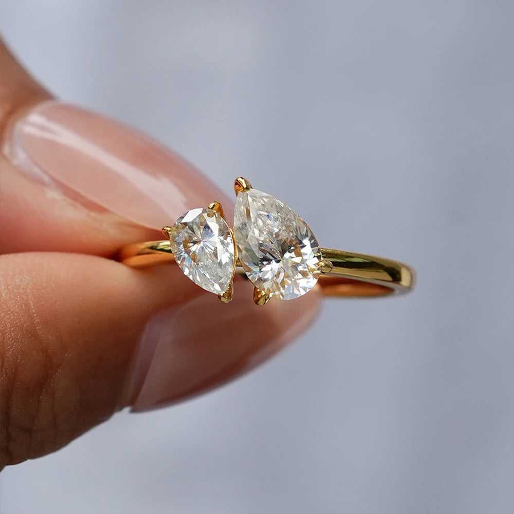 Moissanite Ring 1.5ct Dubbel Pear Cut - 925 Silver 18K Guldplätering